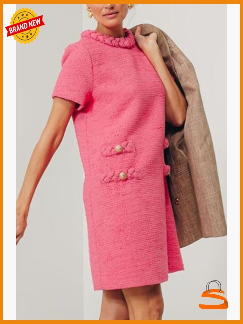 Tweed Jackie Dress - Short Sleeve, Crew Neck, Button Detail Bodycon Mini - Picture 2 of 7